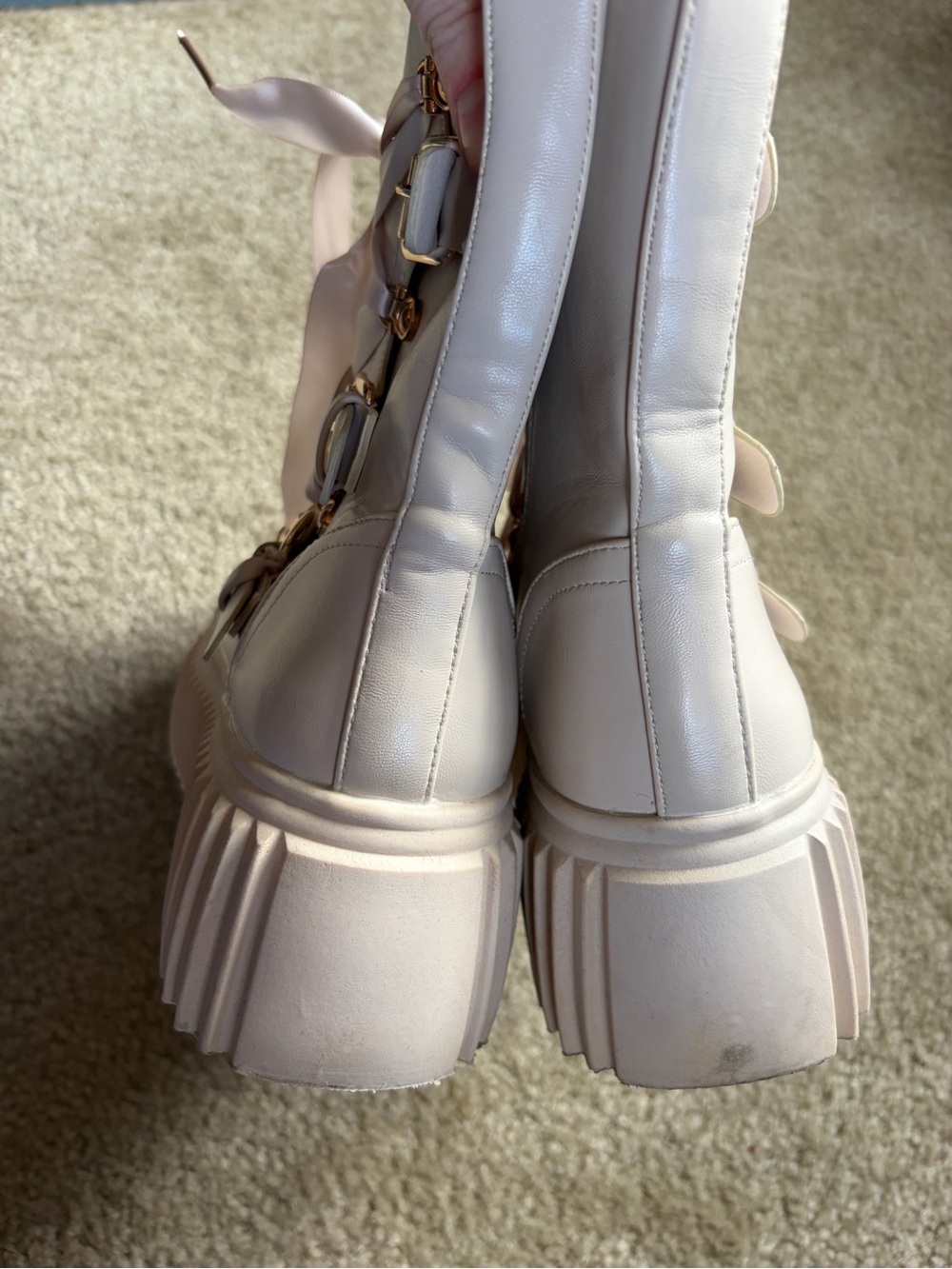Vivianly Women's Cream Platform Lace-Up Lolita Combat Boots with Gold Hardware - Picture 5 of 8